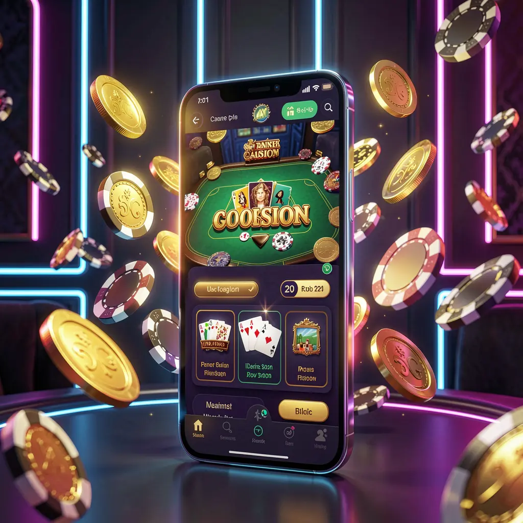 MM98 online casino mobile app hero banner featuring a modern smartphone with a glowing casino interface, golden coins and poker chips flying around against a dark luxury background with neon accents