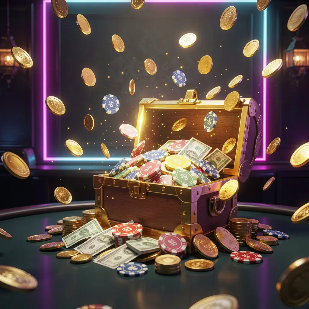 MM98 premium online casino bonus banner featuring golden coins flying in the air and a glowing treasure chest full of chips and cash against a luxury dark background with neon accents and festive, elegant casino style