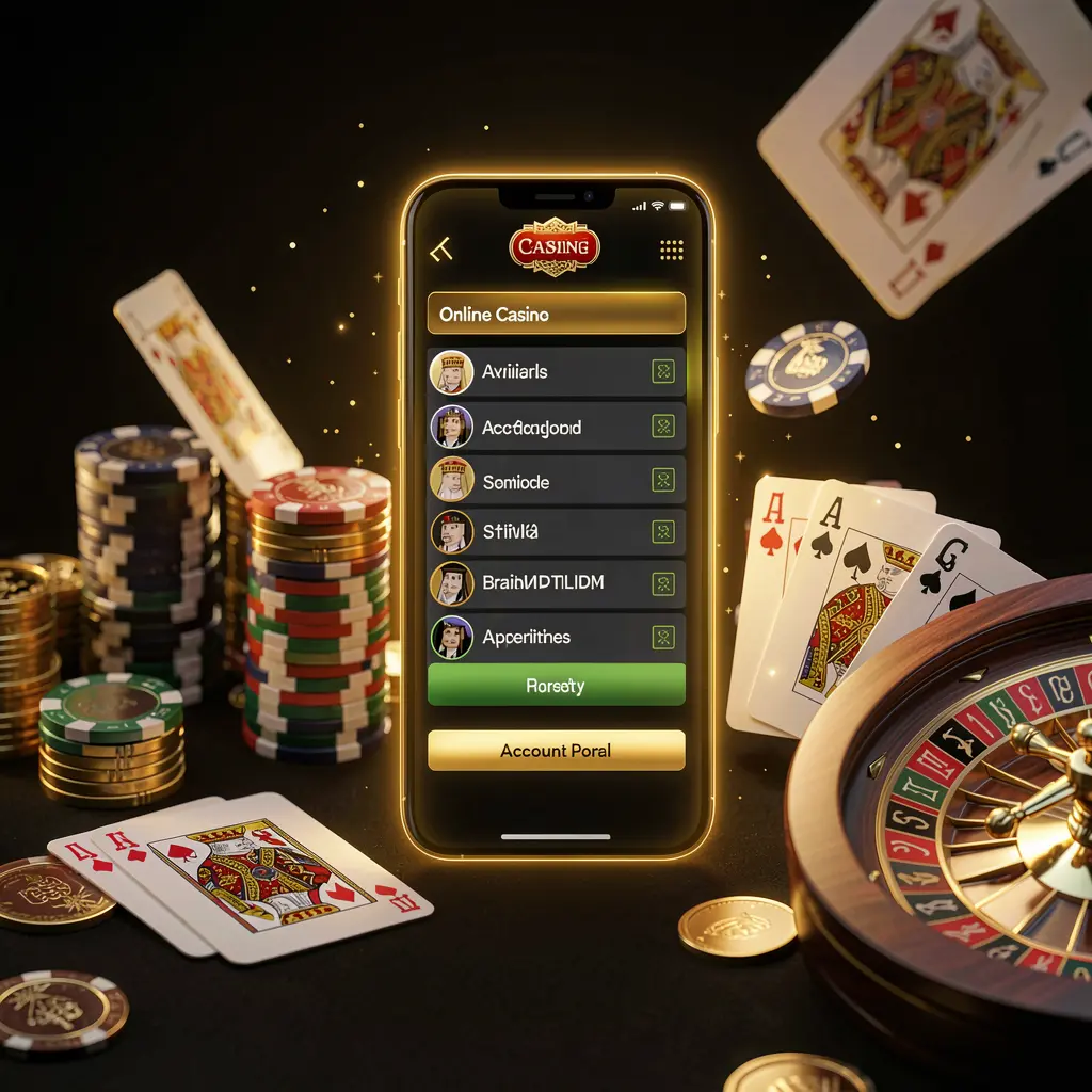 MM98 online casino account portal visual featuring a glowing smartphone, premium cards, chips, roulette wheel, and coins against a black and gold background with cinematic lighting in a realistic 3D render