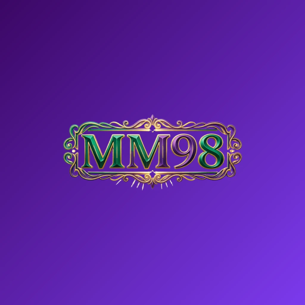 Luxury colorful MM98 logo featuring bold serif typography in rich emerald, violet, and gold with elegant glowing ornaments, designed as a premium brand identity wordmark on a transparent background