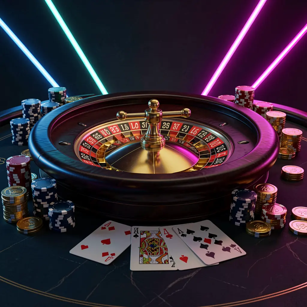 MM98 online casino homepage hero banner featuring a luxury casino table with a roulette wheel, poker chips, playing cards, and golden coins against a dark premium background with neon glow in a cinematic 3D render